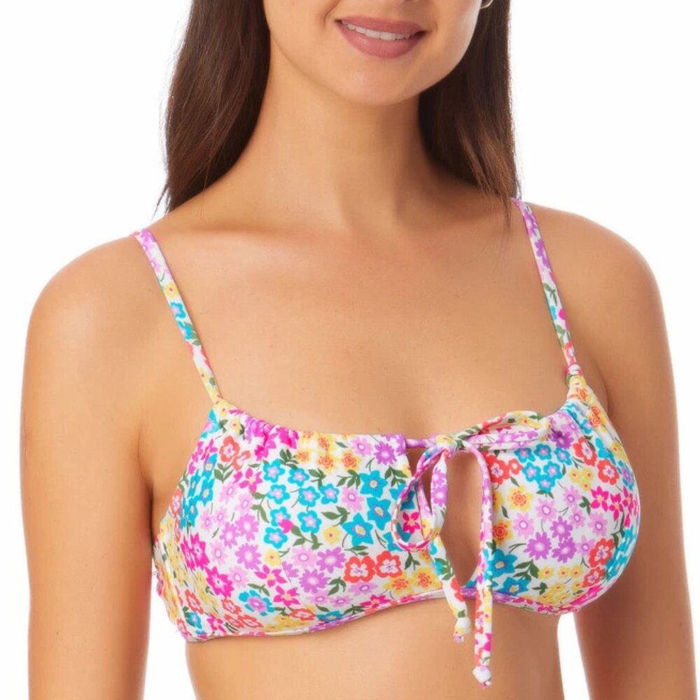 California Waves Floral Keyhole Bikini Top White S